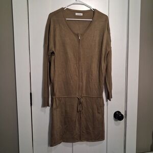 Calvin Klein Womens Zip Front Drawstring Waist Sweater Dress Olive Brown Size M
